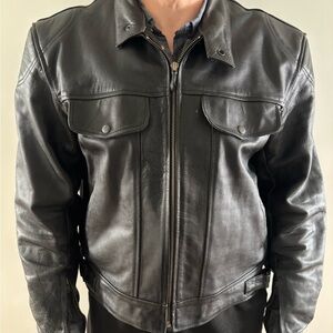 Big Size Black Biker Genuine Heavy Leather Men’s Jacket front zipper padded
